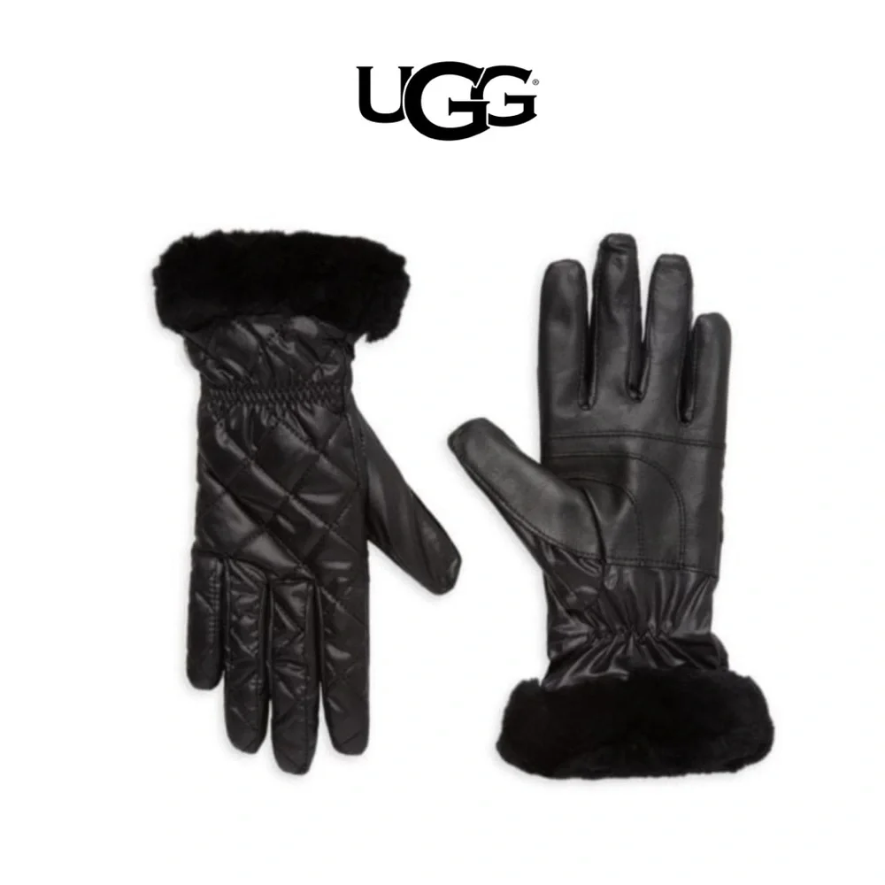 UGG Black Quilted Touchscreen Leather Gloves NWT